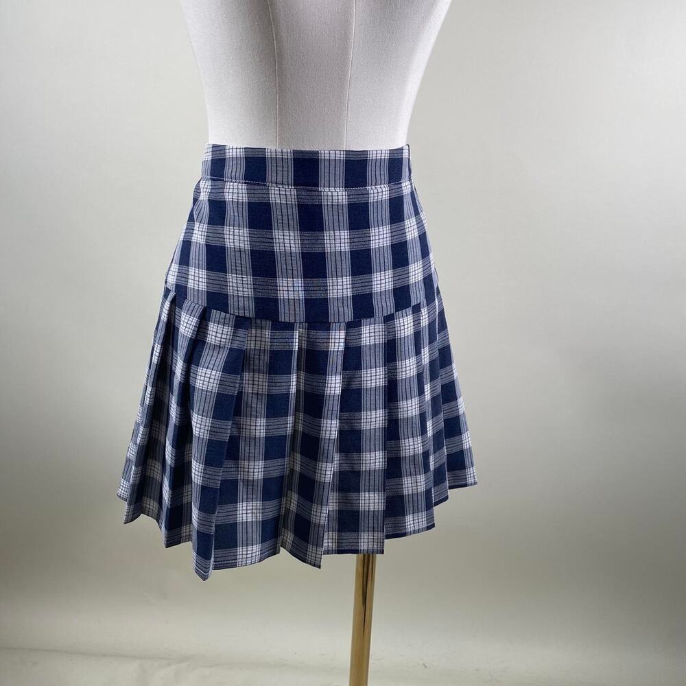 blue and white plaid pleated mini skirt
